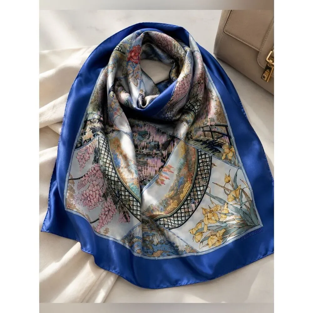 Herme's Claude Monet Giverny Garden Blue Pink Silk Scarf 35" square 1989 NIB - Picture 2 of 16